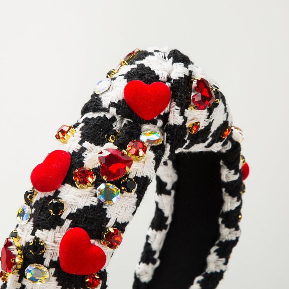 Wholesale Black and White Fabric Hand Sewn Glass Diamond Flower Valentine's Day Hair Bands